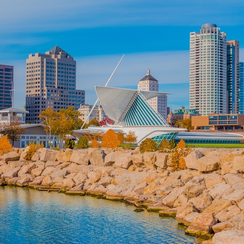 Cityscape along water of Milwaukee in Wisconson.