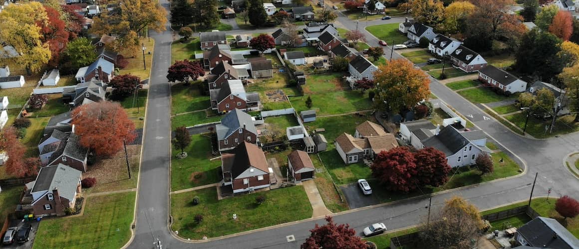 A bird's eye view of an American neighborhood.