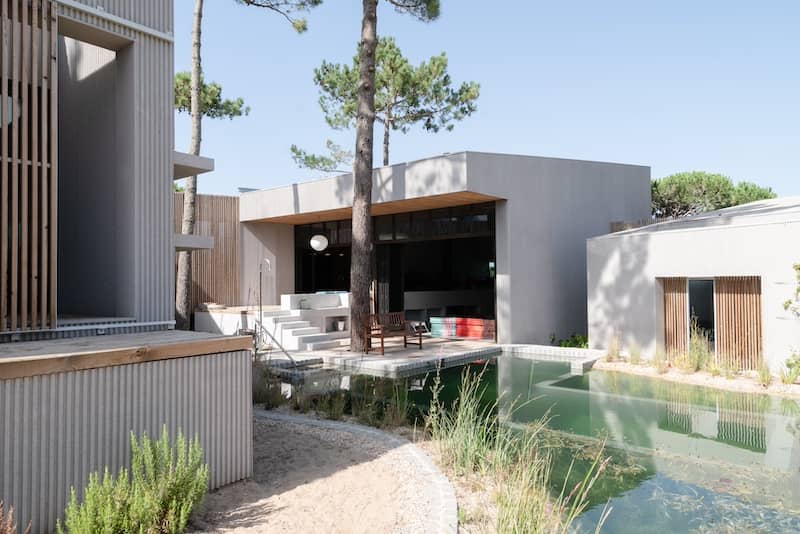 Modern home featuring natural pool with trees.