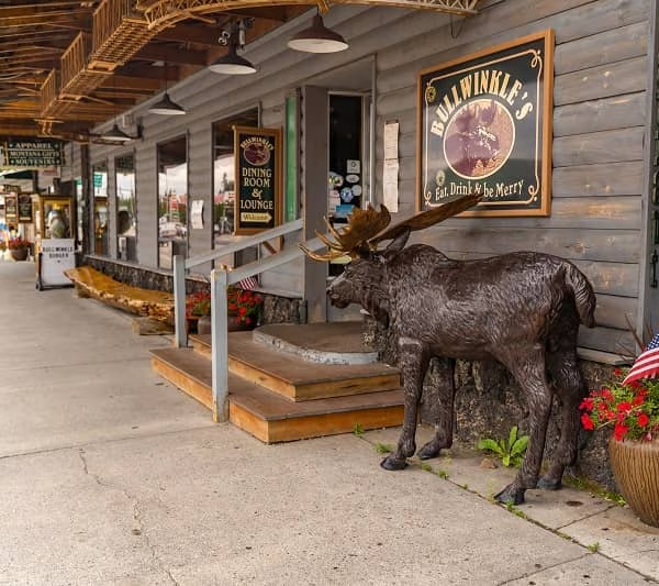 Moose statue seen outside Bullwinkle's saloon in West Yellowstone, Montana.