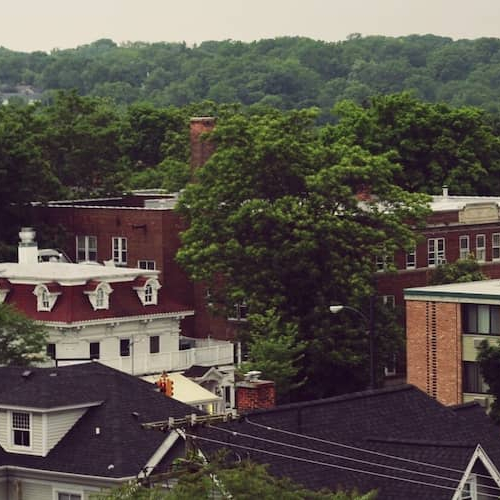 An aerial view of buildings surrounded by trees.