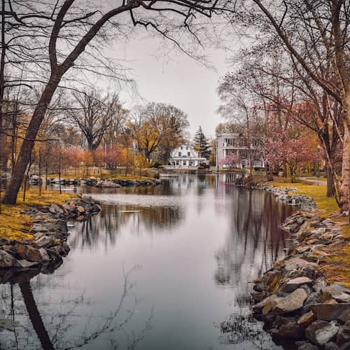 View of Mindowaskin Park in Westfield, NJ on a fall day. 