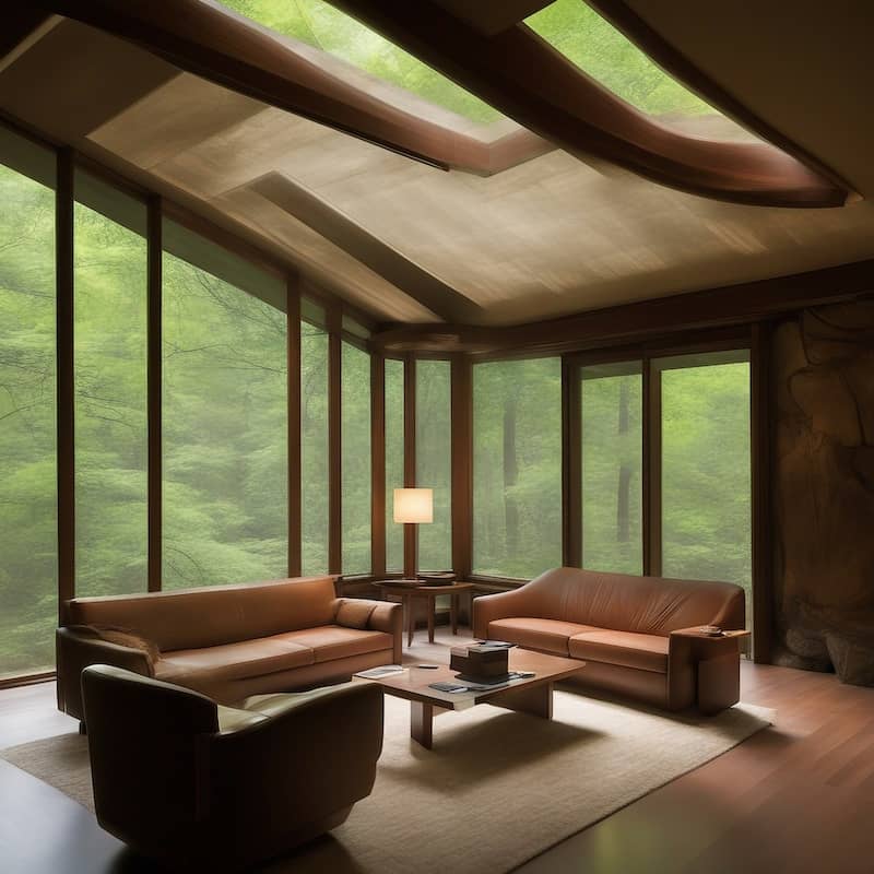 Interior of Frank Lloyd Wright house cave with forest canopy visible from skylights and floor to ceiling windows. Minimalist decor that allows for surrounding nature to be focal point.