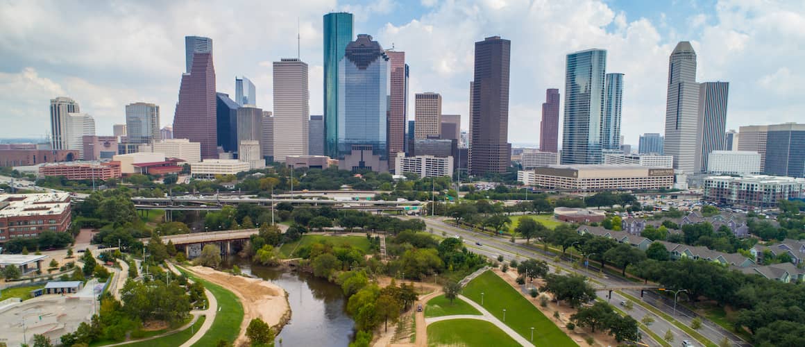 Buffalo Bayou Park, which might be related to local attractions or areas in a city or neighborhood with modern skyscraper in the background.