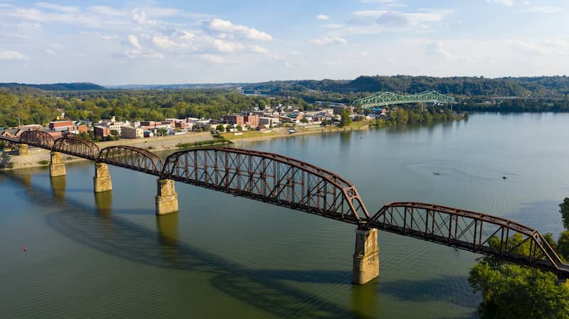 RHB Assets From IGX: Aerial view of Ohio River and Point Pleasant, West Virginia.