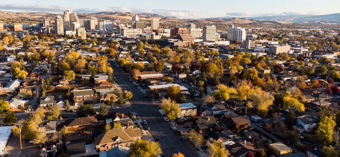 An aerial city view, showcasing a cityscape or urban area from above.