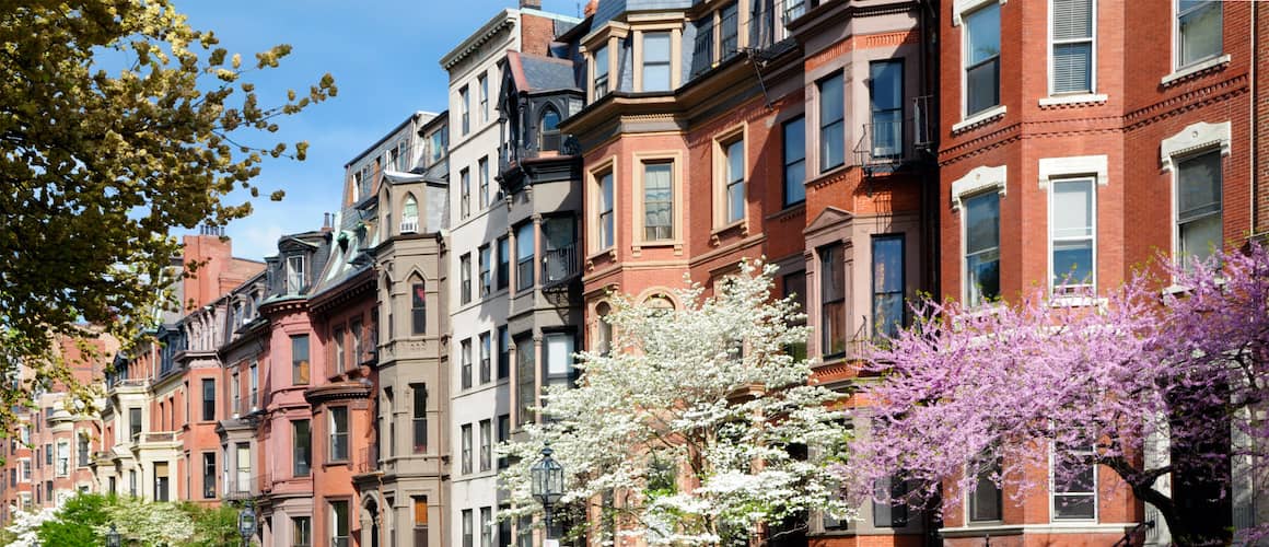 Boston's Back Bay apartment buildings in spring, showcasing urban residential areas.