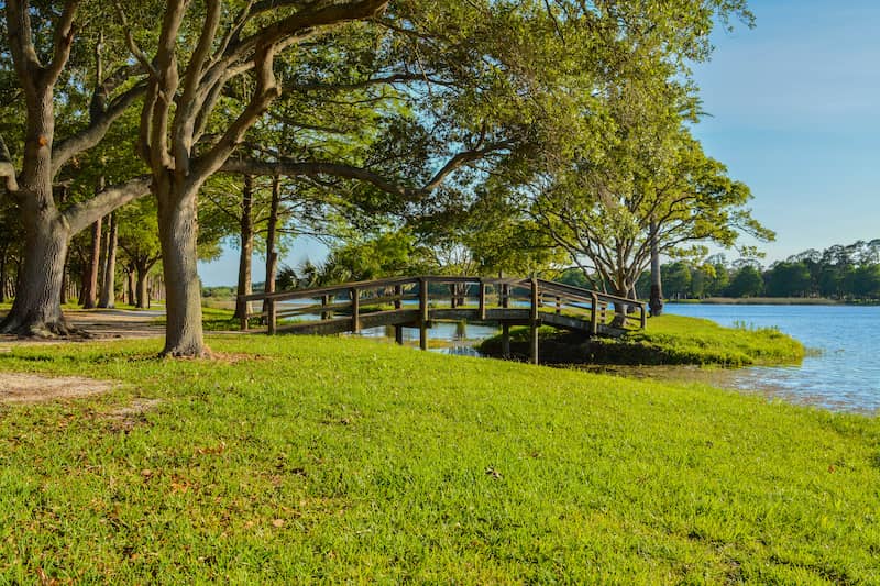 RHB Assets From IGX: View of a wooden bridge in a serene park with a pond and trees.