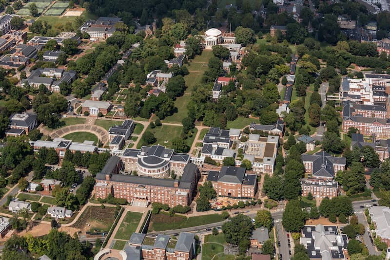 Aerial view of University of Virginia and surrounding buildings in Charlottesville.