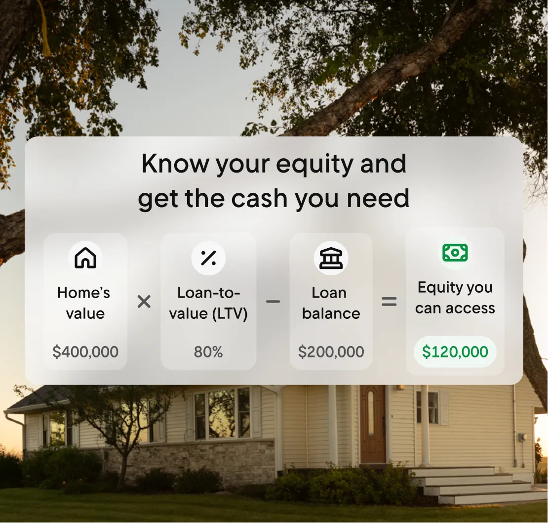 Step 1: Know your equity. Home equity equals home value minus loan balance. Step 2: Get the cash you need. New loan amount minus Old loan balance equals cash funds to you.