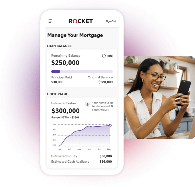 A young woman on her smartphone and a view of what’s she’s looking at, the Manage Your Mortgage screen of the Rocket Mortgage app