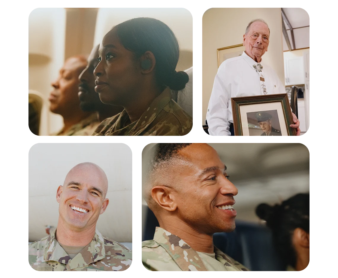 A collage of four photos of Veterans and military members