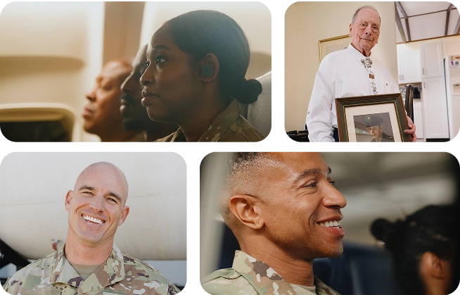A collage of four photos of Veterans and military members