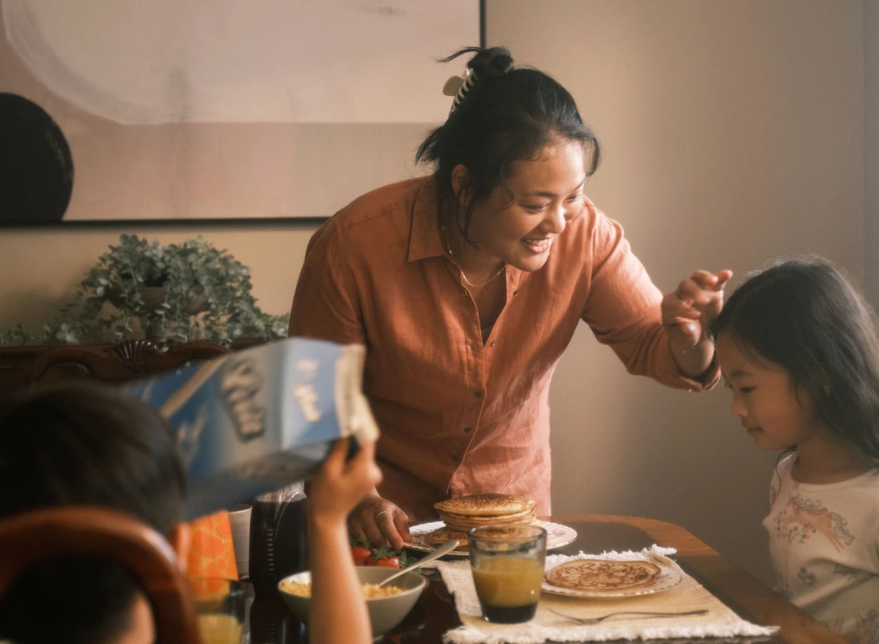 Una joven madre asiática se inclina sobre una mesa de comedor, arreglando el cabello de su hija mientras sus hijos están desayunando.