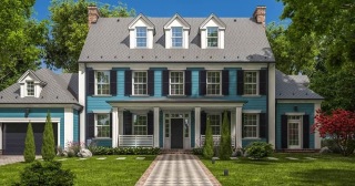 A large colonial home with vibrant blue siding, black shutters and doors, many windows and white trim.