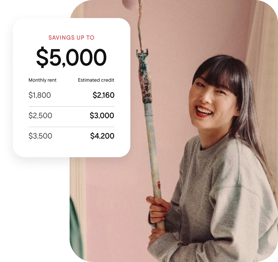 A woman with dark hair holds a paint roller while painting a pink room. A graphic states “Savings up to $5,000” with monetary amounts of estimated savings. 