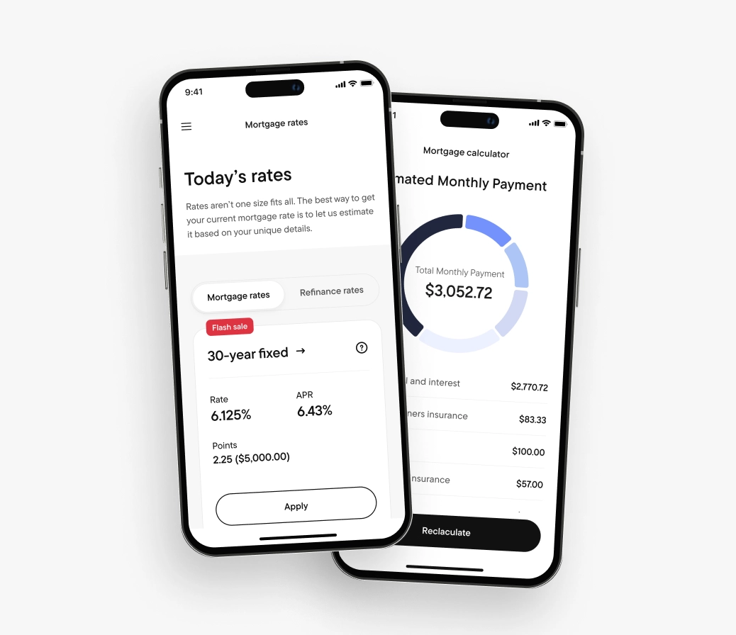 Two mobile phones side by side displaying mortgage rates and the mortgage calculator.