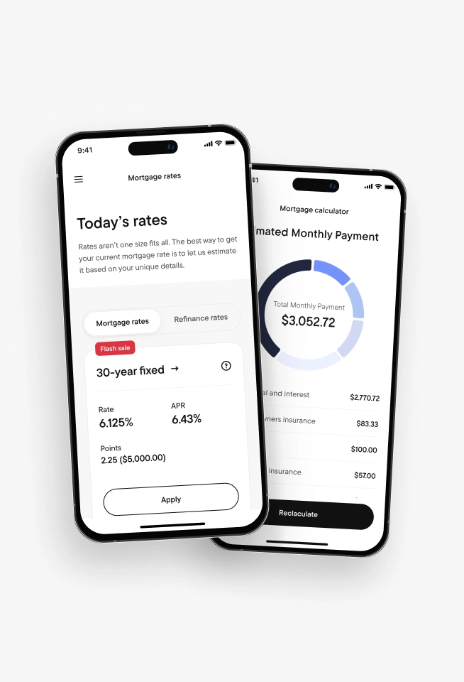 Two mobile phones side by side displaying mortgage rates and the mortgage calculator.