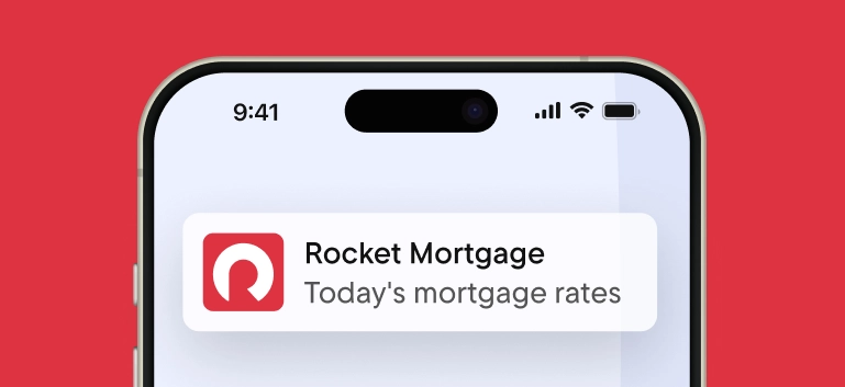 An illustration of a phone screen with a notification from Rocket Mortgage that reads “Today’s mortgage rates”