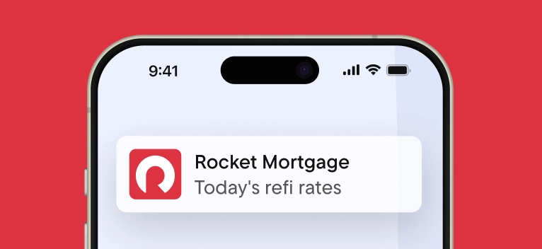 An illustration of a phone screen with a notification from Rocket Mortgage that reads “Today’s refi rates”
