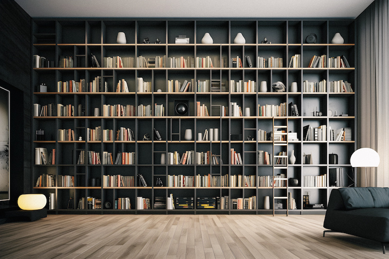 Moody colored bookshelves in library.