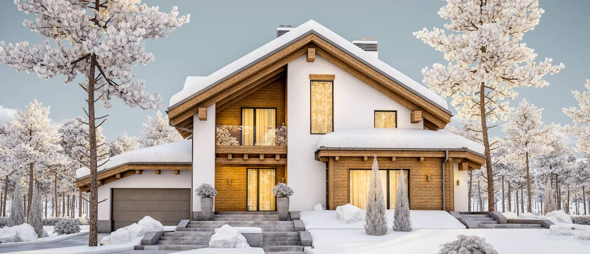 RHB Assets From IGX: Snow-covered winter house with icicles hanging from the roof and a frozen lawn.