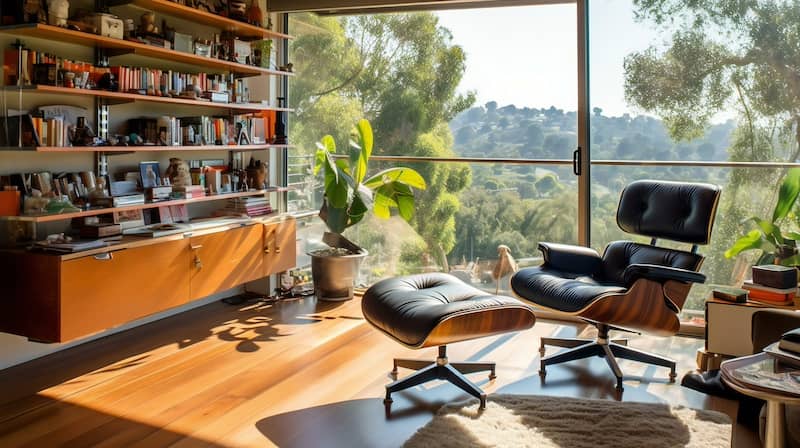 Study featuring built in bookshelves, large picture windows and a black leather Eames chair with ottoman.