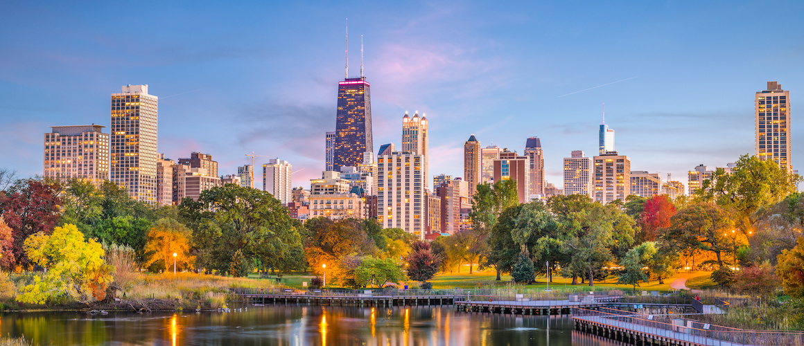 Chicago, Illinois, downtown skyline from Lincoln Park at twilight.