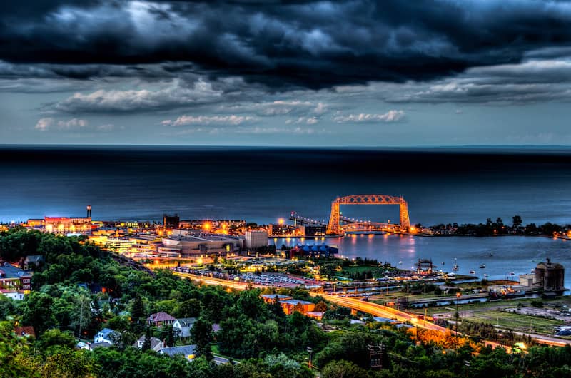 Aerial view of the Duluth skyline at dusk.