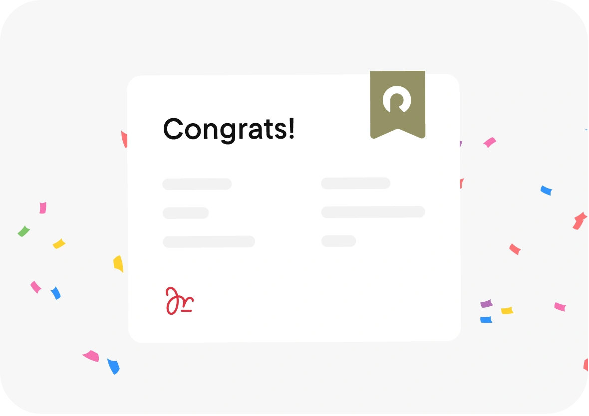 An illustration of a document with the text “Congrats! You’ve unlocked savings” and a gold ribbon icon in the top-right corner with colorful confetti is scattered around.