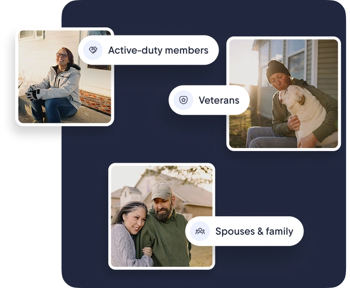 Collage showing an active-duty service member opening a door, a veteran with their dog, and a couple identified as spouses and family, each labeled on a dark blue background.