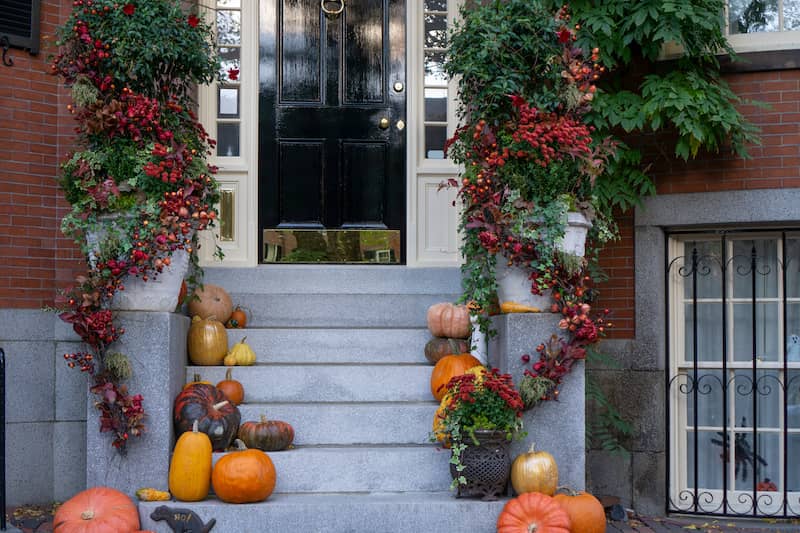 Seasonal decor on a home's front porch