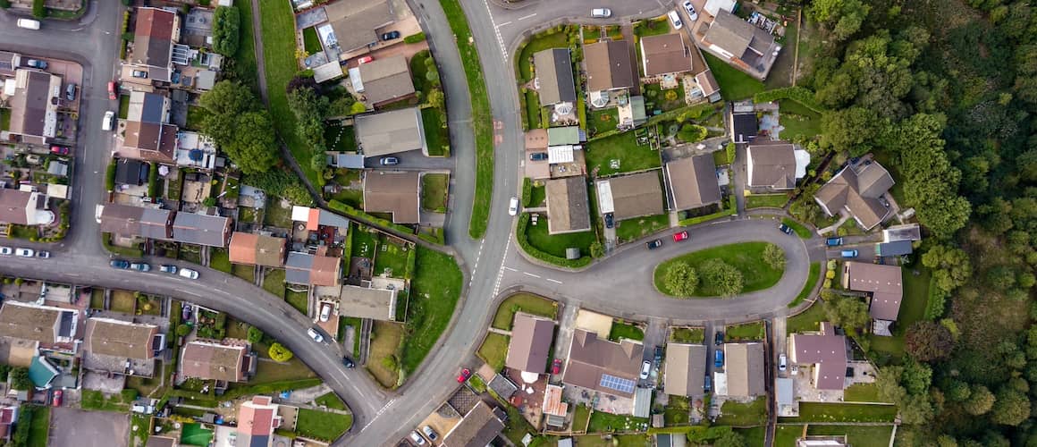 Aerial view of a neighborhood.