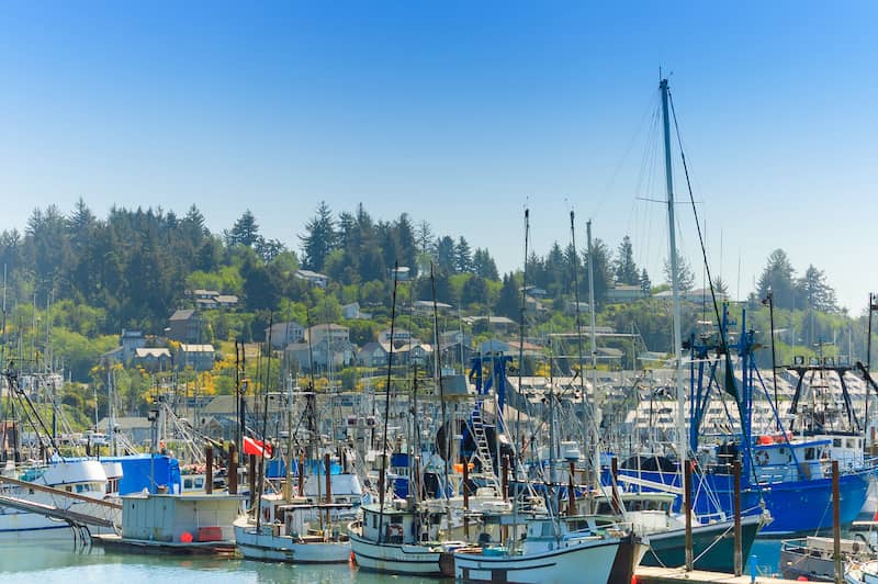 RHB Assets From IGX: A peaceful harbor scene in Newport, Oregon, with boats docked and a serene waterfront.