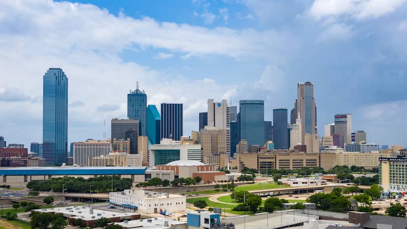 City skyline of Frisco, Texas.