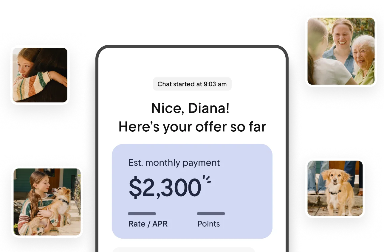 Mockup of a mobile chat screen showing a mortgage offer that reads, “Nice, Diana! Here’s your offer so far,” with an estimated monthly payment of $2,300, alongside small photos of a family surrounding the screen.