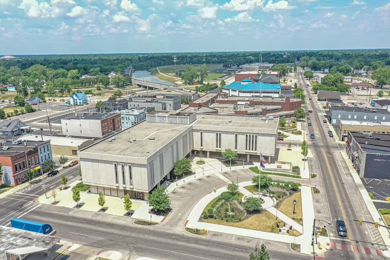 Aerial view of downtown Muncie, Indiana.