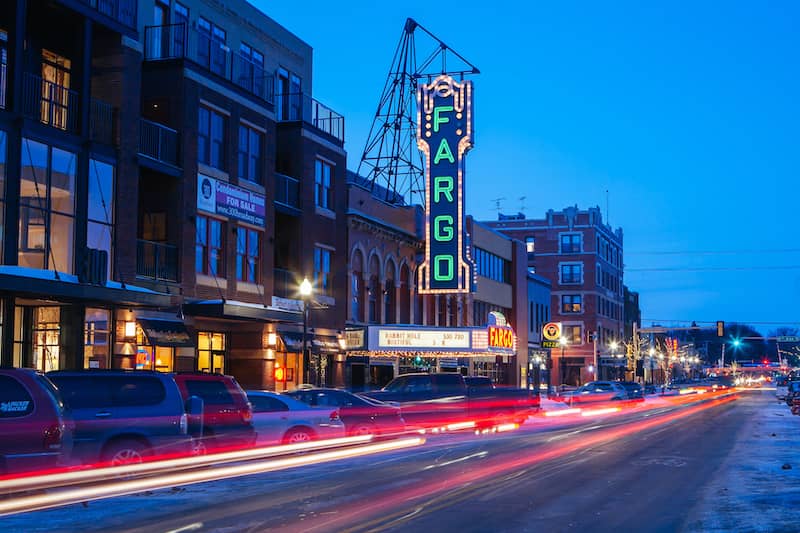 RHB Assets From IGX: Fargo Theater in North Dakota with its iconic marquee and neon lights.