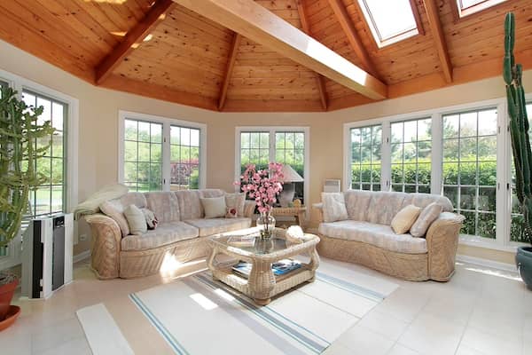 Sunroom with spacious ceiling and potted cacti plants.