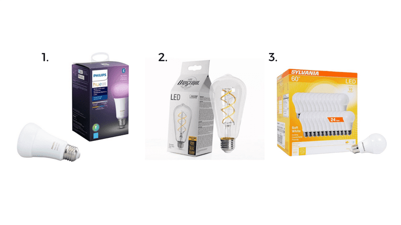 Three types of smart lighting light bulbs.