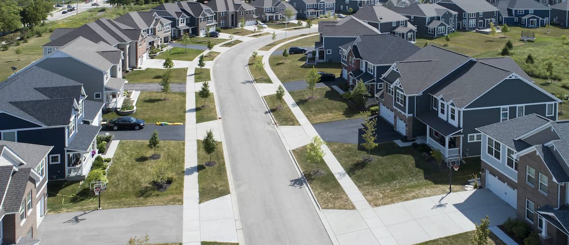 Neighborhood development, possibly illustrating a newly constructed residential area.