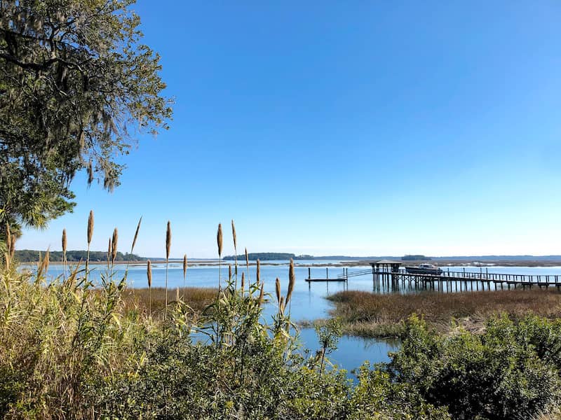 View of pier over water in Bluffton, South Carolina.