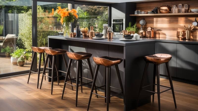 View of a kitchen island with bronze and metal stools in a modern home.