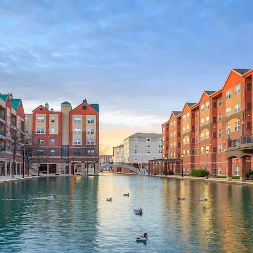 Ducks floating between buildings that line both sides of the Indiana Central Canal, located in Indianapolis, Indiana.