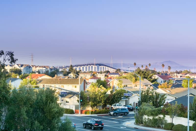 View of neighborhood in Foster City, California at sunset