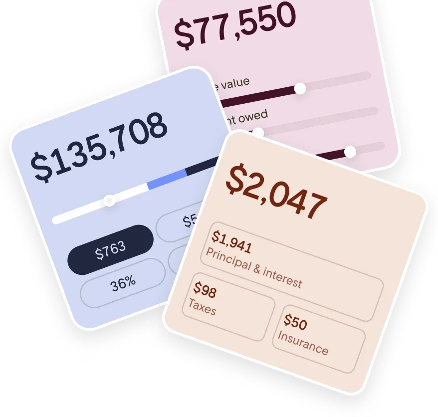 Three calculator cards showing home value, loan amount, and monthly payment details with sliders and cost breakdowns stacked on top of one another.