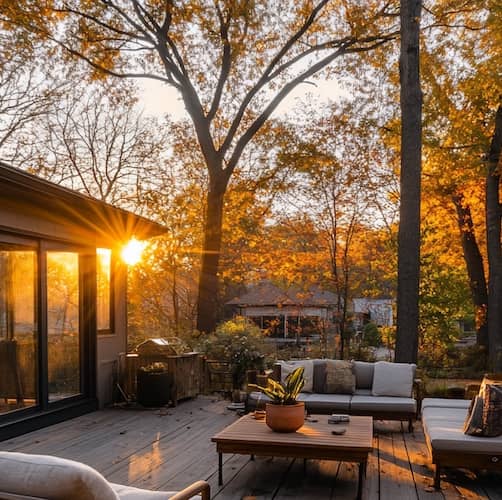Backyard with deck off of four seasons room at sunset in Autumn.