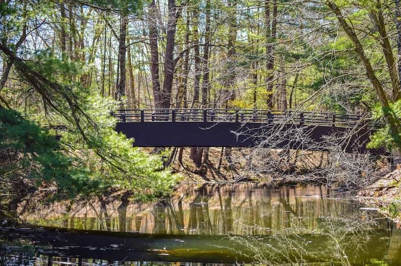 RHB Assets From IGX: Tranquil Nashua River in New Hampshire with trees and a bridge.