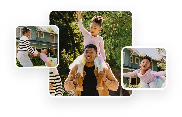 A collage of family photos featuring playful outdoor moments with parents and a child.