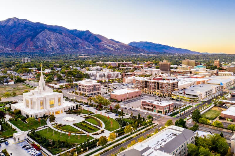 RHB Assets From IGX: Sunrise over downtown Ogden, Utah, with the temple in the foreground.